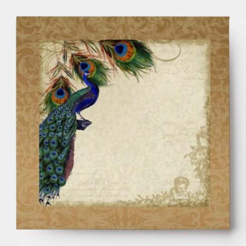 Peacock  Feathers Vintage Gold Look Damask  Swirl Envelope
