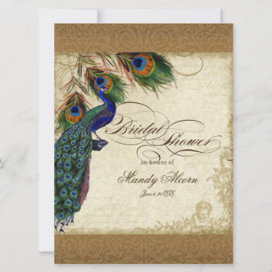 Peacock & Feathers Vintage Gold Look Damask Swirl Invitation