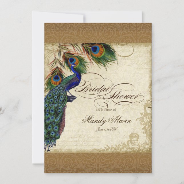 Peacock & Feathers Vintage Gold Look Damask  Swirl Invitation (Front)