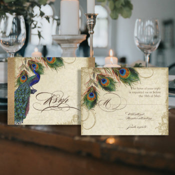 Peacock & Feathers Vintage Gold Look Damask  Swirl Rsvp Card by VintageWeddings at Zazzle