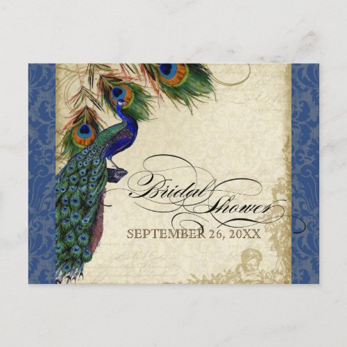 Peacock Feathers Vintage Navy Blue Bridal Shower Invitation Postcard