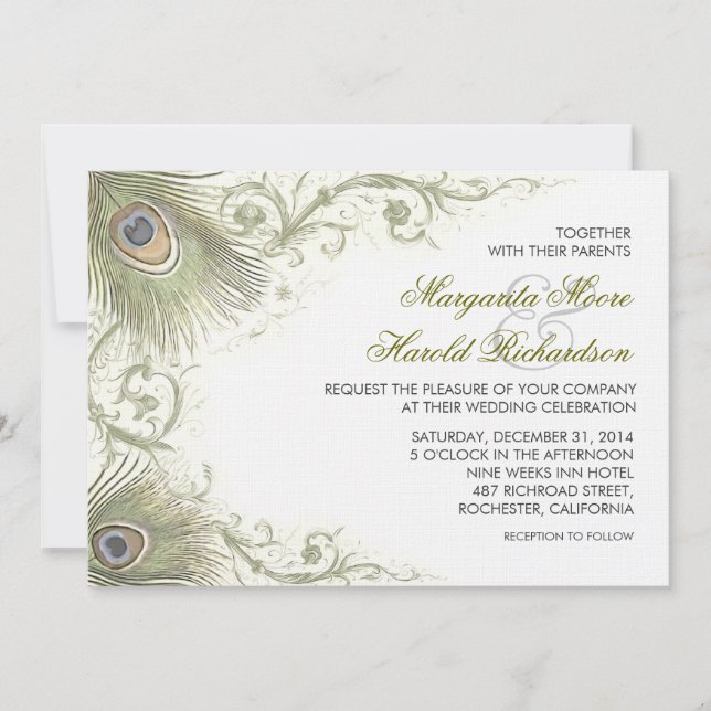 peacock feathers vintage wedding invitations (Front)