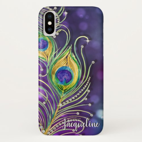 Peacock Feathers w Modern Bokeh Sparkle Jewels iPhone X Case