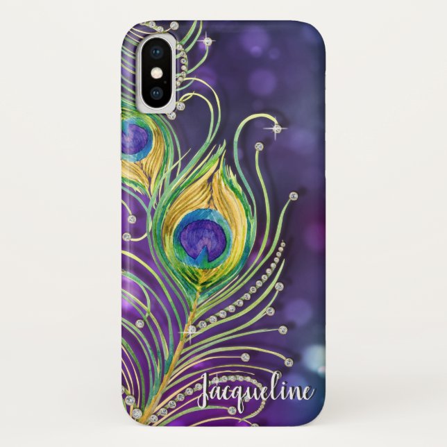 Peacock Feathers w Modern Bokeh Sparkle Jewels Case-Mate iPhone Case (Back)