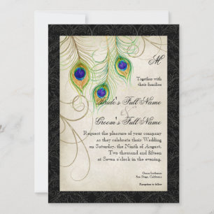 Peacock Feathers Watercolor Black Damask Wedding Invitation