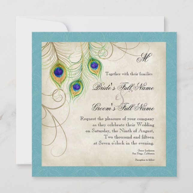 Peacock Feathers Wedding Invitation (Front)