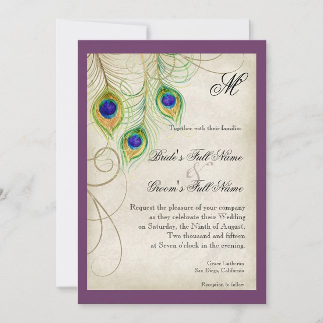 Peacock Feathers Wedding Invitation (Front)