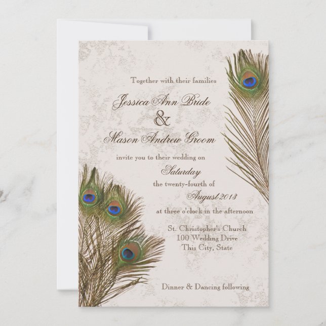 Peacock Feathers Wedding Invitation (Front)