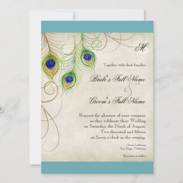 Peacock Feathers Wedding Invitation (Front)