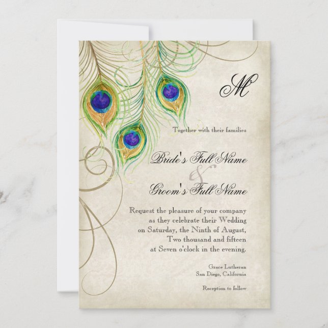 Peacock Feathers Wedding Invitation (Front)