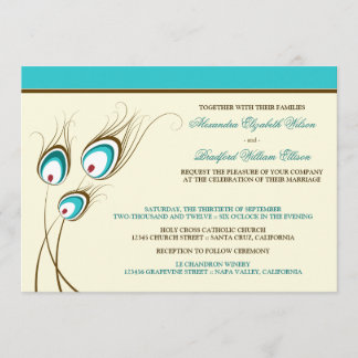 Peacock Feathers Wedding Invitation (aqua)
