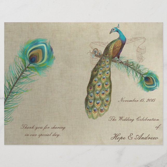 Peacock Feathers Wedding Program 4 (Front)