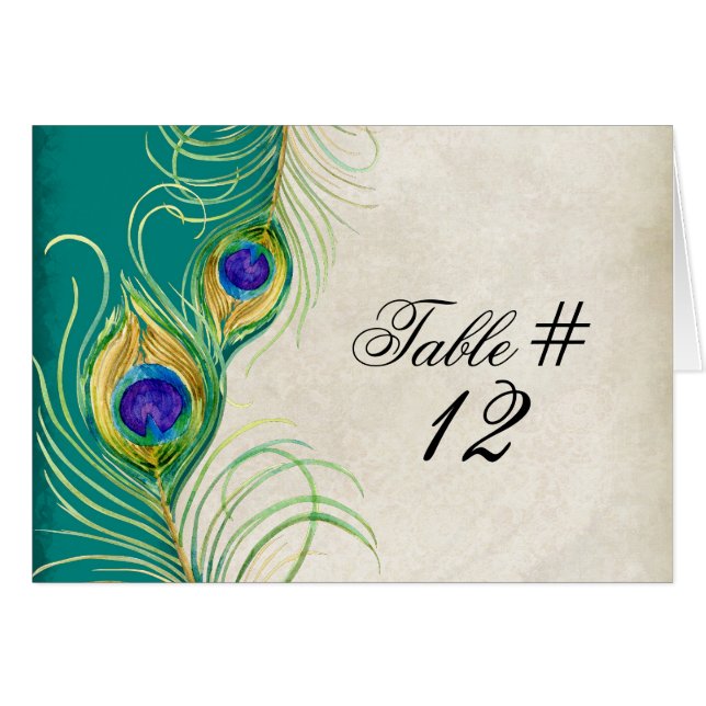 Peacock Feathers Wedding Table Tent Card (Front Horizontal)