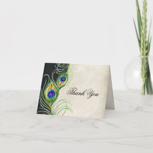 Peacock Feathers Wedding Thank You Note Cards (Front)