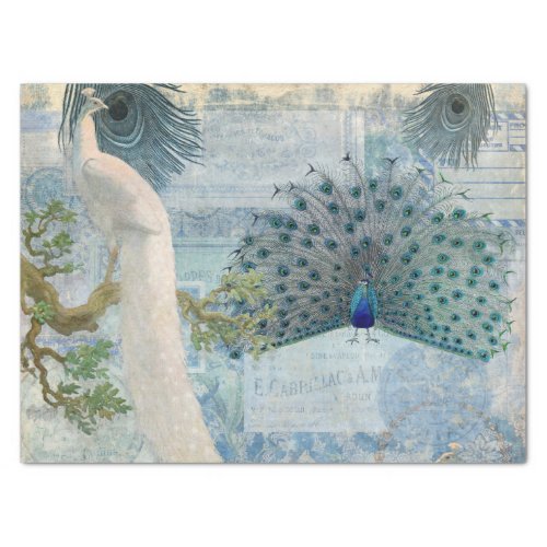 Peacock Feathers White and Blue Craft Decoupage Tissue Paper