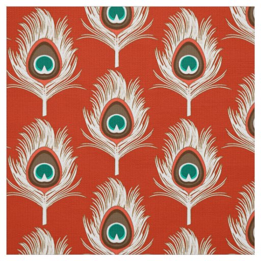 Peacock Feathers, White on Mandarin Orange Fabric