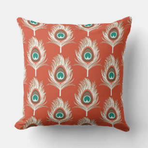 Peacock Feathers, White on Mandarin Orange Throw Pillow