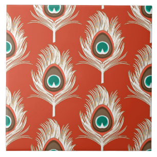 Peacock Feathers, White on Mandarin Orange Tile