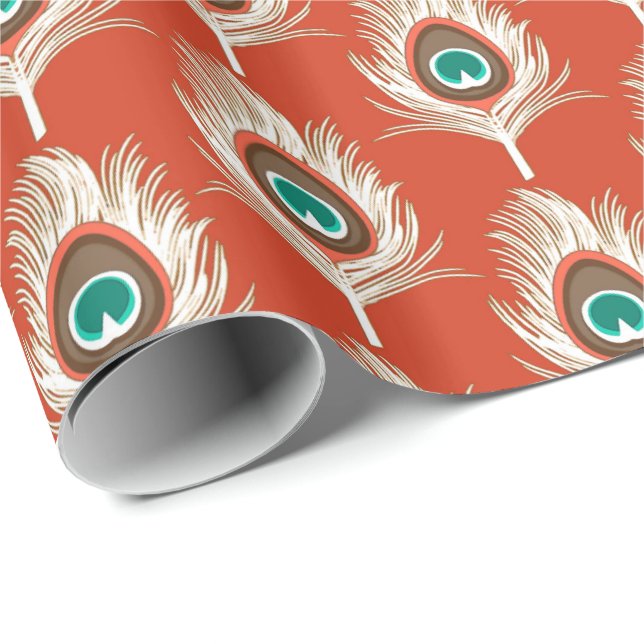 Peacock Feathers, White on Mandarin Orange Wrapping Paper (Roll Corner)