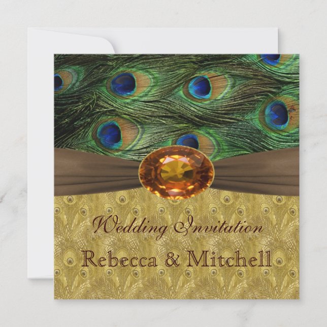 Peacock feathers with faux amber Wedding Invitation (Front)