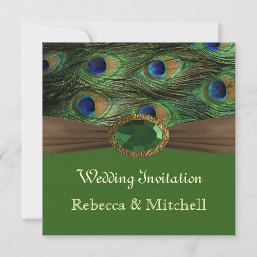 Peacock feathers with faux emerarld Wedding Invitation