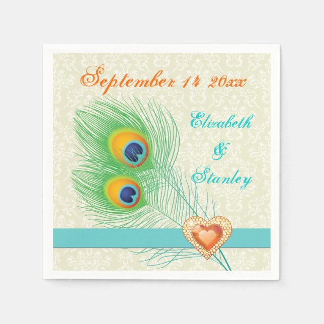 Peacock feathers with orange jewel heart wedding napkins (Front)