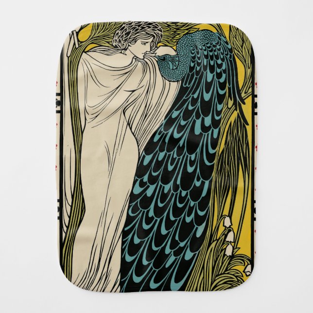 Peacock Fine Art Bird Nouveau Baby Burp Cloth (Front)