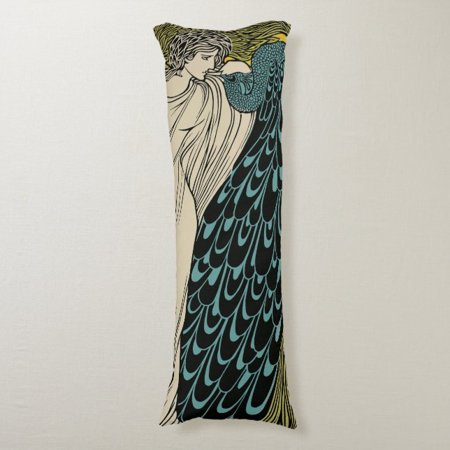Peacock Fine Art Bird Nouveau Body Pillow (Front Vertical)