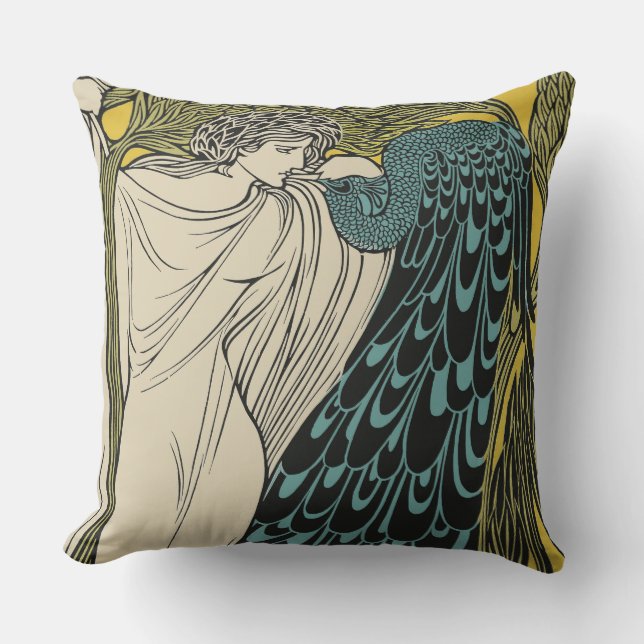 Peacock Fine Art Bird Nouveau Outdoor Pillow (Front)