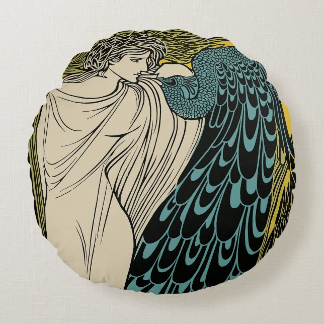 Peacock Fine Art Bird Nouveau Round Pillow (Front)