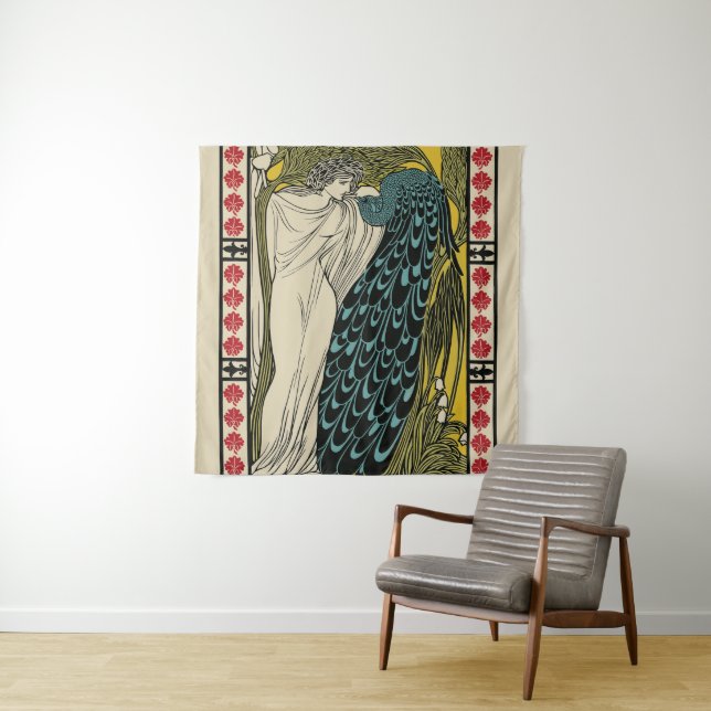 Peacock Fine Art Bird Nouveau Tapestry (In Situ)