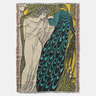Peacock Fine Art Bird Nouveau Throw Blanket