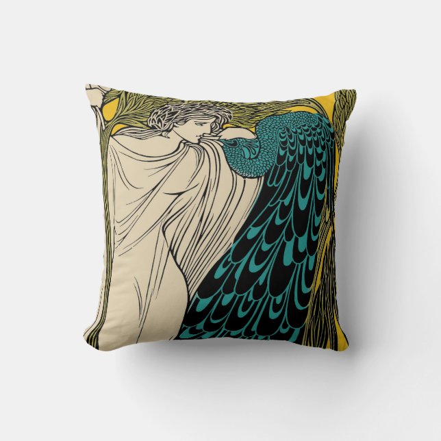 Peacock Fine Art Bird Nouveau Throw Pillow (Front)