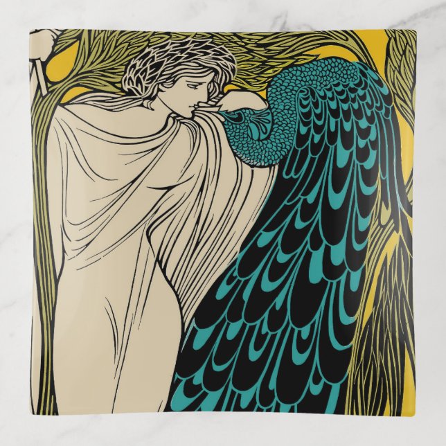 Peacock Fine Art Bird Nouveau Trinket Tray (Front)