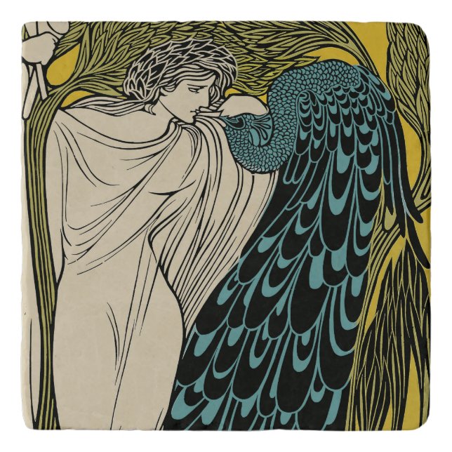Peacock Fine Art Bird Nouveau Trivet (Front)