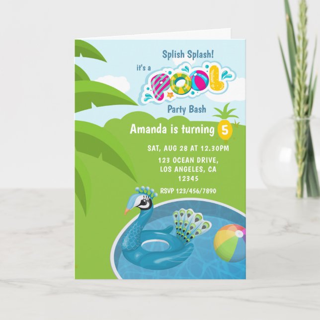 Peacock Floatie Pool Birthday Party Invitation (Front)