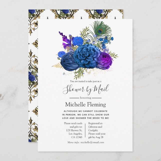 Peacock Floral Baby or Bridal Shower by Mail Invitation (Front/Back)