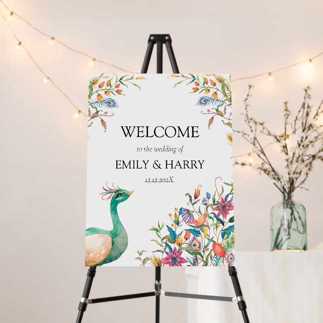 Peacock Floral Botanical Welcome Sign Wedding (In Situ (Stand))