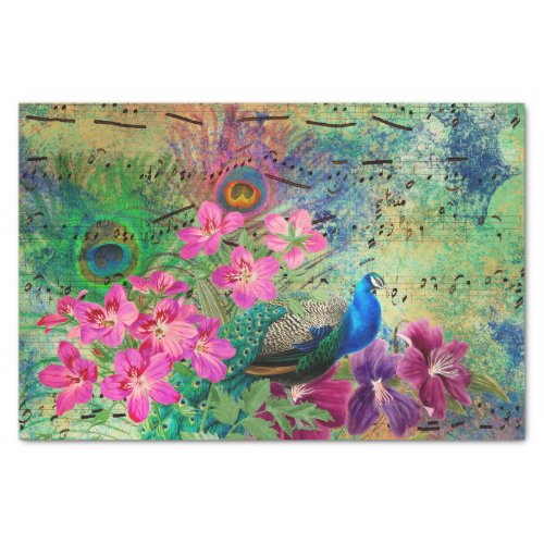 Peacock Floral Collage Decoupage  Tissue Paper