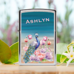 Peacock Floral Design with Vibrant Teal Gradient Zippo Lighter