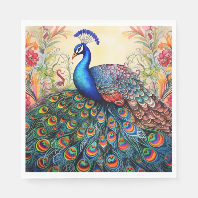 Peacock Floral Elegant Pretty Paper Napkins (Front)