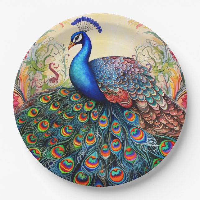 Peacock Floral Elegant Pretty  Paper Plates (Front)