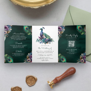 Peacock Floral Feather QR Code Emerald Wedding Tri-Fold Invitation