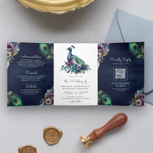 Peacock Floral Feather QR Code Navy Blue Wedding Tri_Fold Invitation