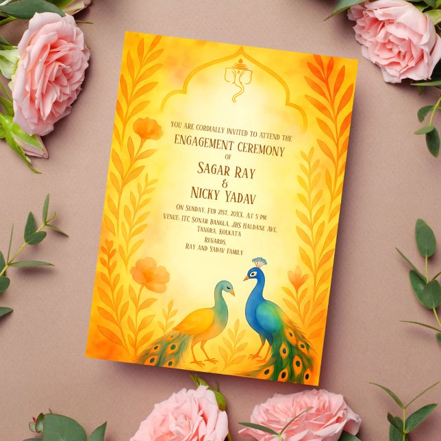 Peacock Floral Indian Hindu Engagement Ceremony Invitation (Creator Uploaded)