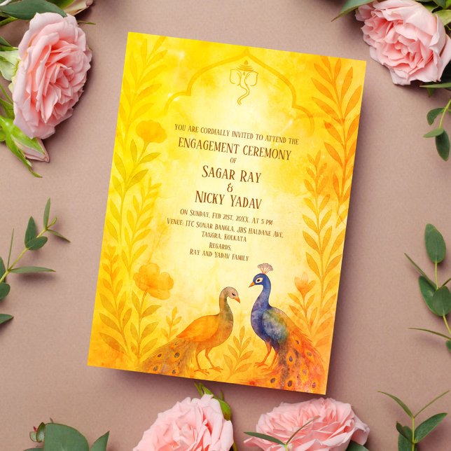 Peacock Floral Indian Hindu Engagement Ceremony Invitation (Creator Uploaded)