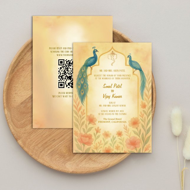 Peacock Floral Indian Hindu Wedding QR Code Invitation (Creator Uploaded)