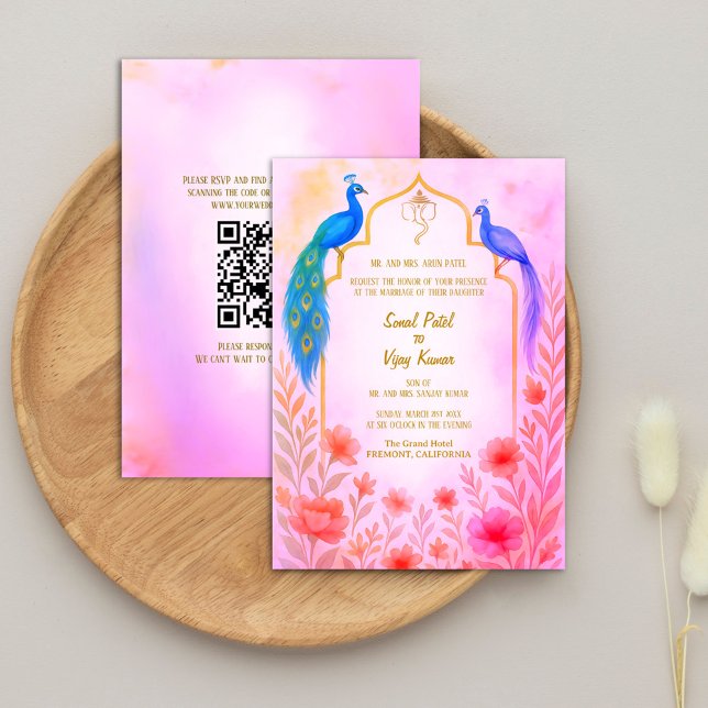 Peacock Floral Indian Hindu Wedding QR Code Invitation (Creator Uploaded)
