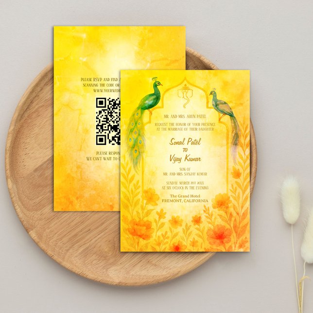 Peacock Floral Indian Hindu Wedding QR Code Invitation (Creator Uploaded)