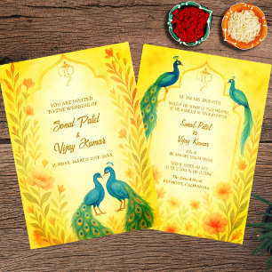 Peacock Floral Indian Hindu Wedding Watercolour Invitation
